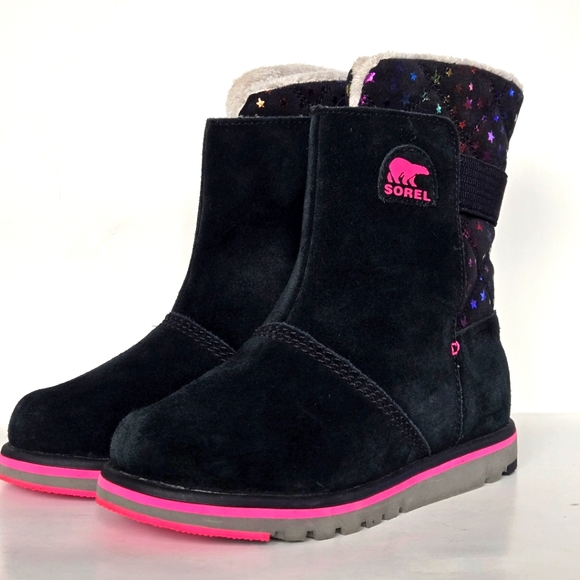 Sorel Rylee Waterproof Black Suede Warm Lined Pink Stars Toddler Girl Sz 5 Boots - Picture 4 of 8
